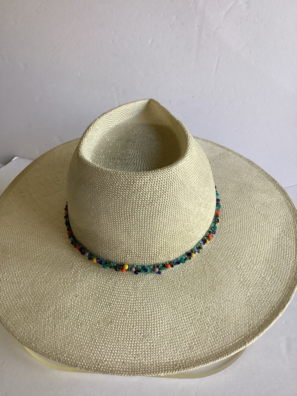 Eugenia Kim Wide Brim Straw Fedora Hat Beaded Band Resort Coastal Chic - Picture 4 of 15